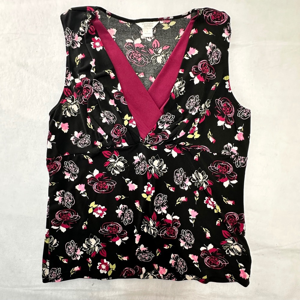 Christopher &‎ Banks Womens Floral Sleeveless V-Neck Tank Top Black Pink Large